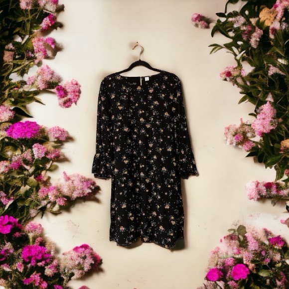 Old Navy Black Dress w/Pink & Yellow Floral Print & Tiny White Dots - Picture 15 of 15